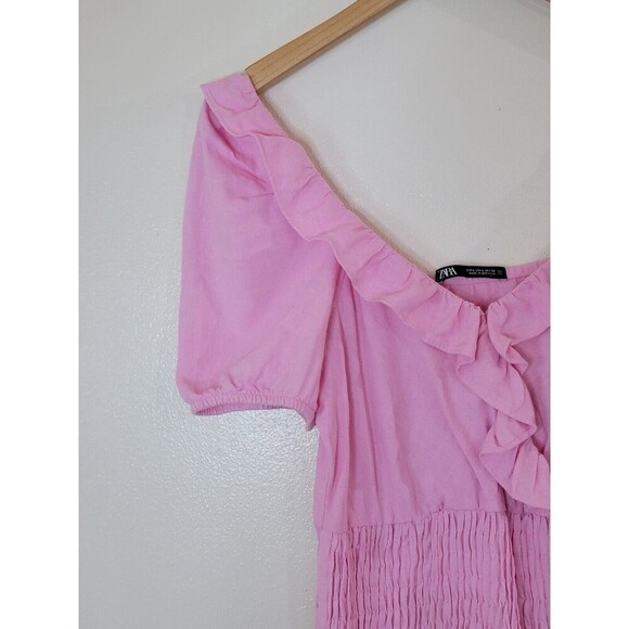 ZARA Pink Linen Blend Mini Dress Ruffle Smocked Bodice Womens Size Large - Picture 4 of 12